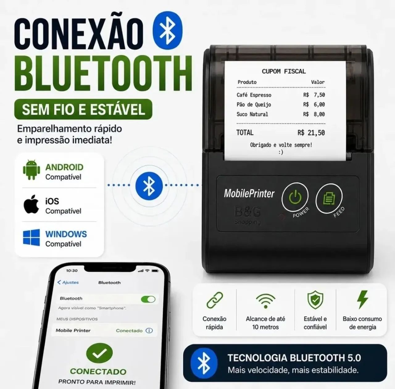 Mini Impressora Térmica Portátil Bluetooth 58mm