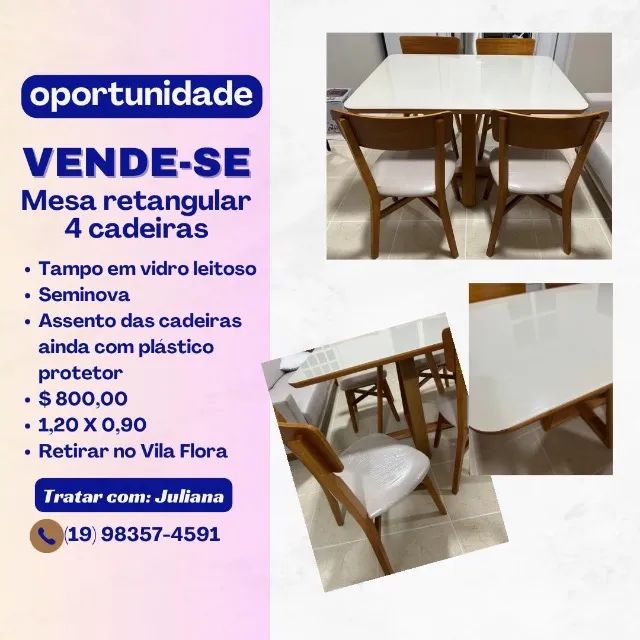 Mesa de jantar retangular com 4 cadeiras 