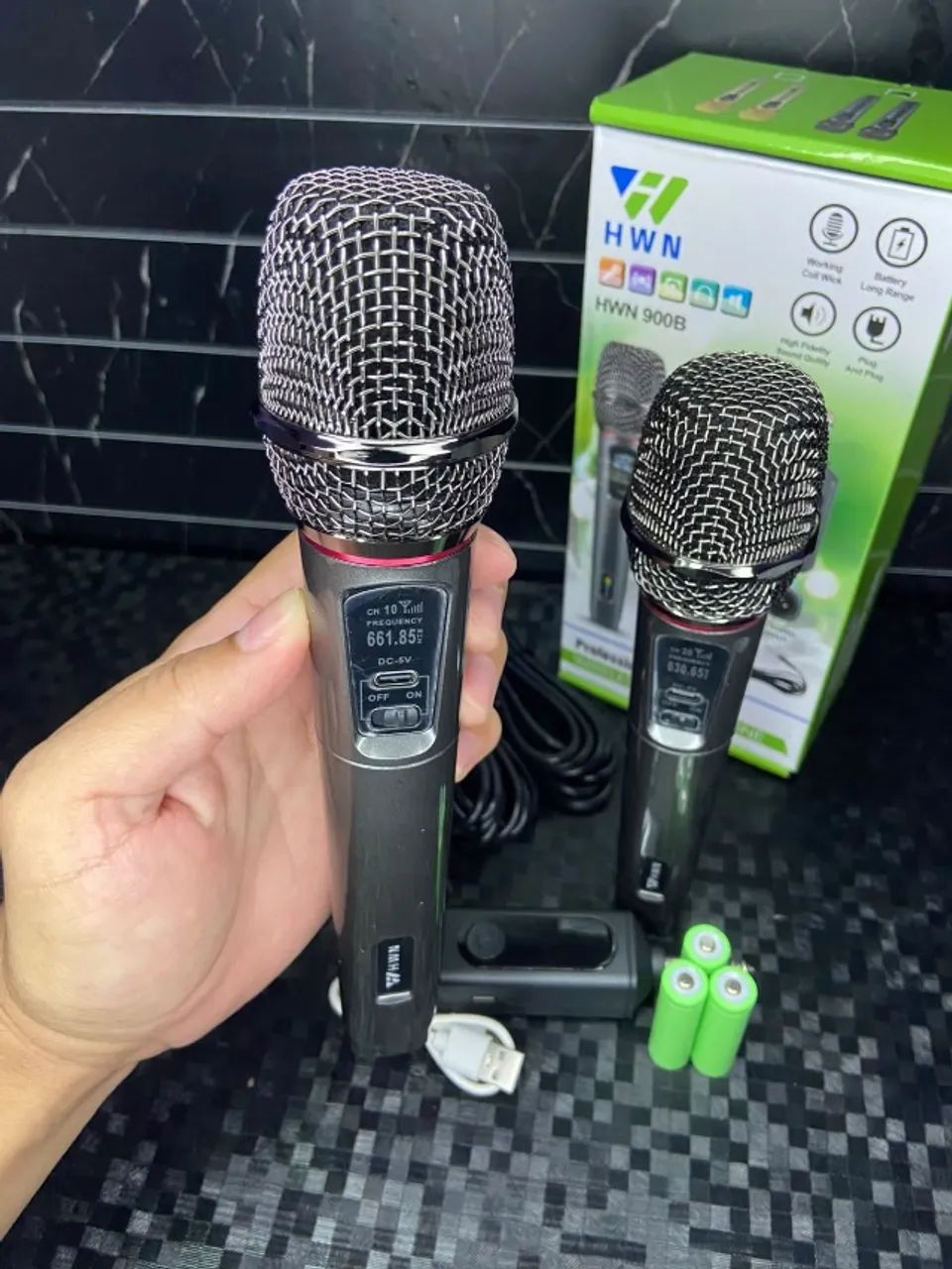 MICROFONE DUPLO SEM FIO e COM FIO - HWN 900B 