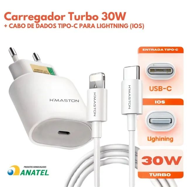Carregador Celular iPhone Turbo 30W + Cabo Tipo-C para Lightining