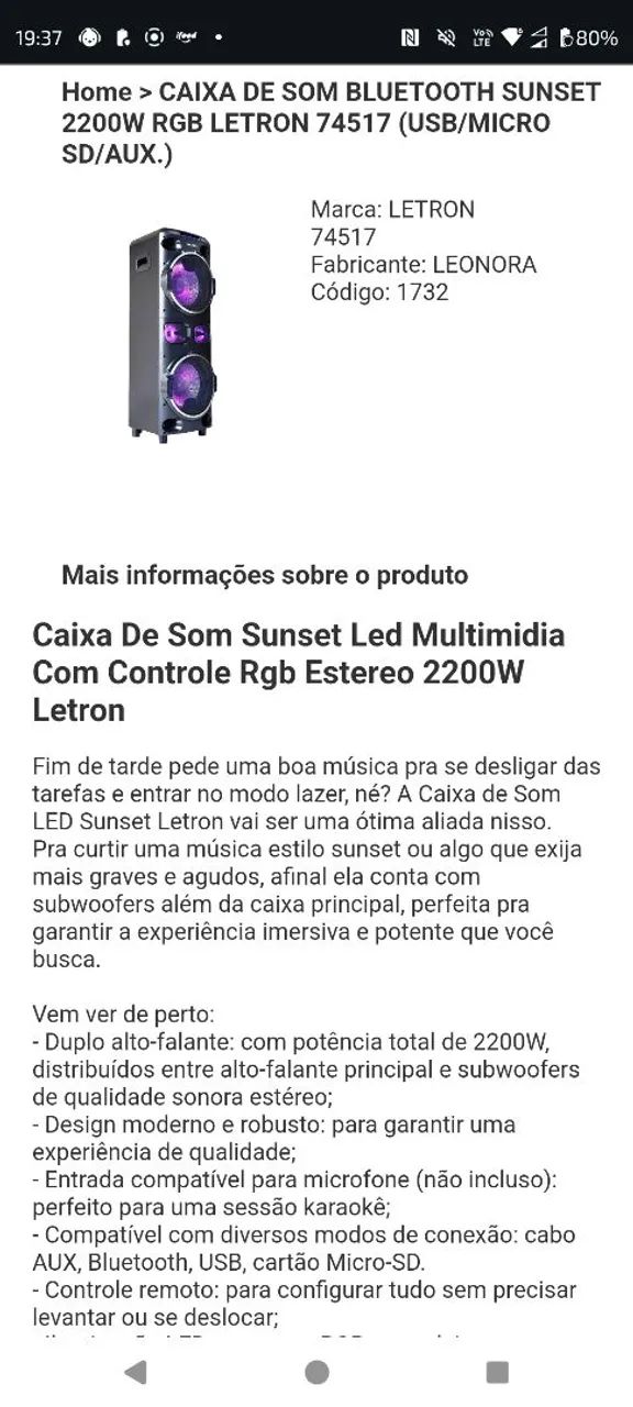 Som Sunset Led Multimídia 2200W Letron - Foto 4