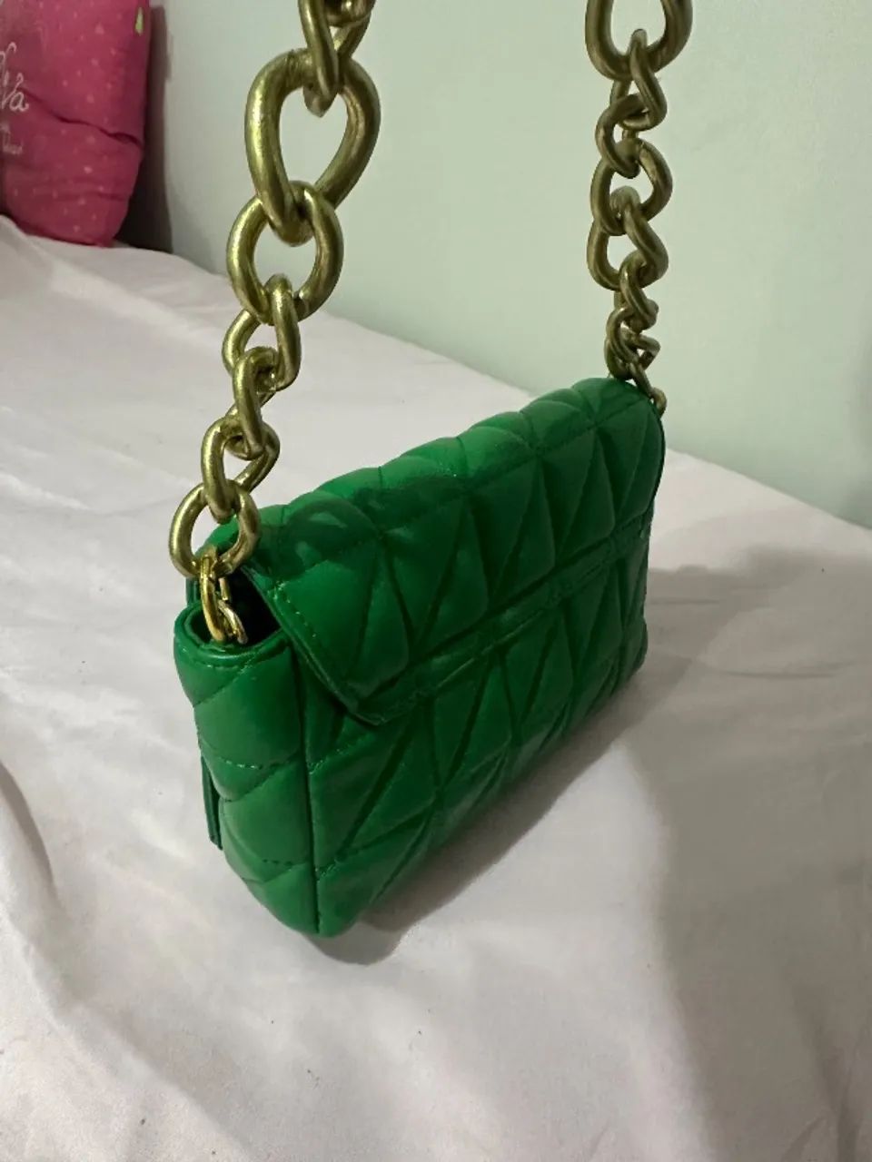 bolsa de mão/ombro verde alça corrente dourada - Foto 3
