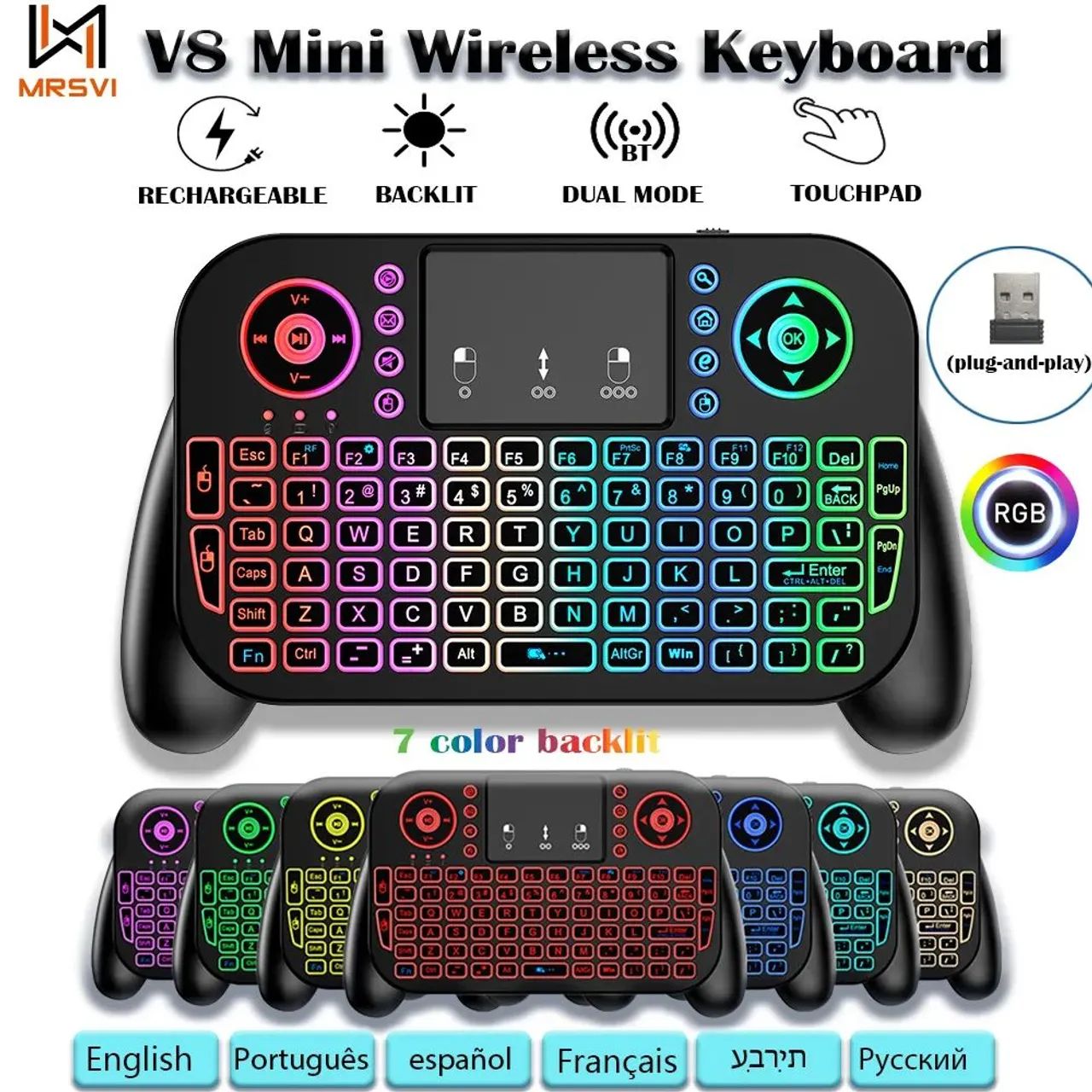 Mini Teclado Semfio V8 Retroiluminado 2.4ghz Bluetooth Air Mouse Touchpad para SmarTV