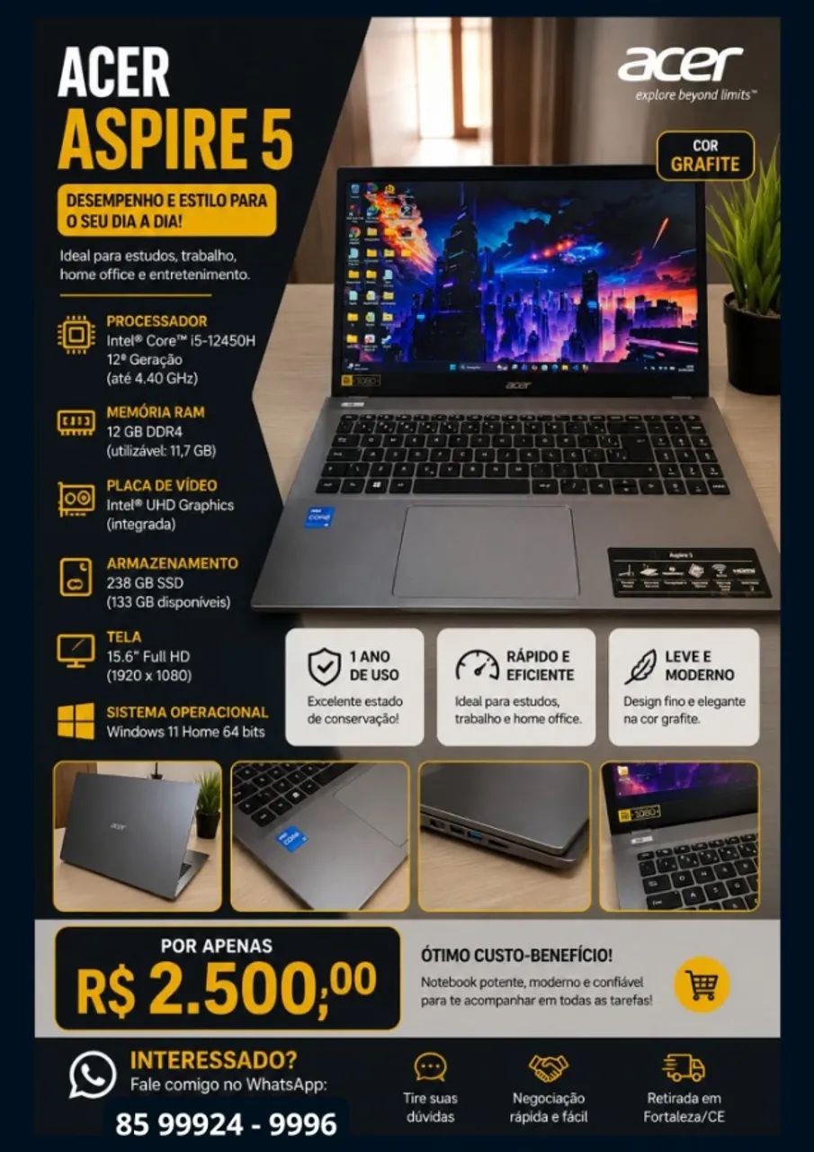 Notebook Acer Aspire 5 ? Intel Core i5 12ª Geração | 12GB | SSD 238GB