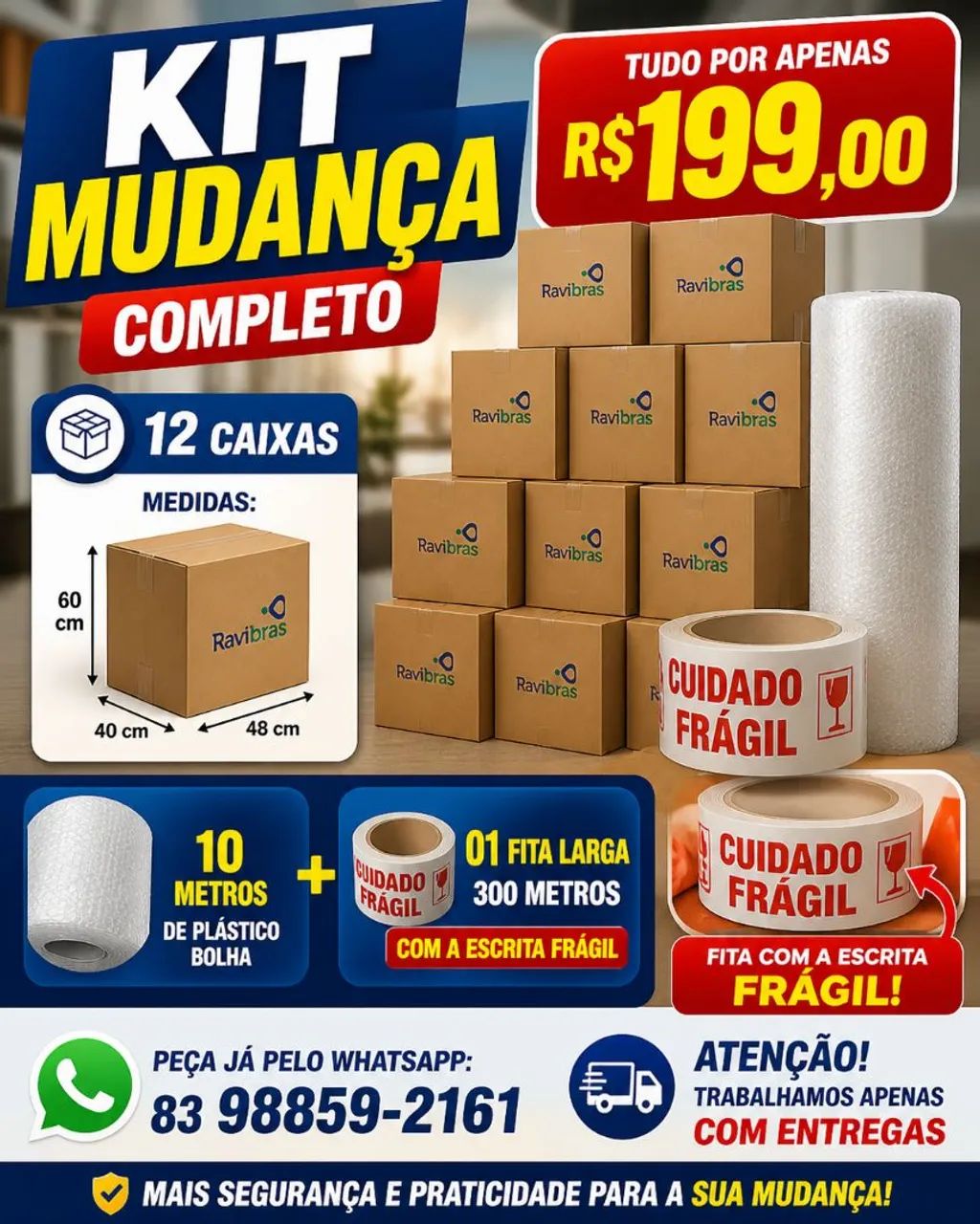 Caixas de papelão Kit Mudança 12 cxs Grande+ 10 metros de bolha+ 01 Fita 300 metros fragil