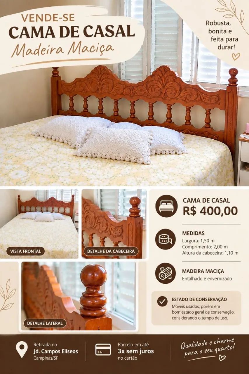 CAMA DE CASAL EM MADEIRA MACIÇA ? R$ 400,00