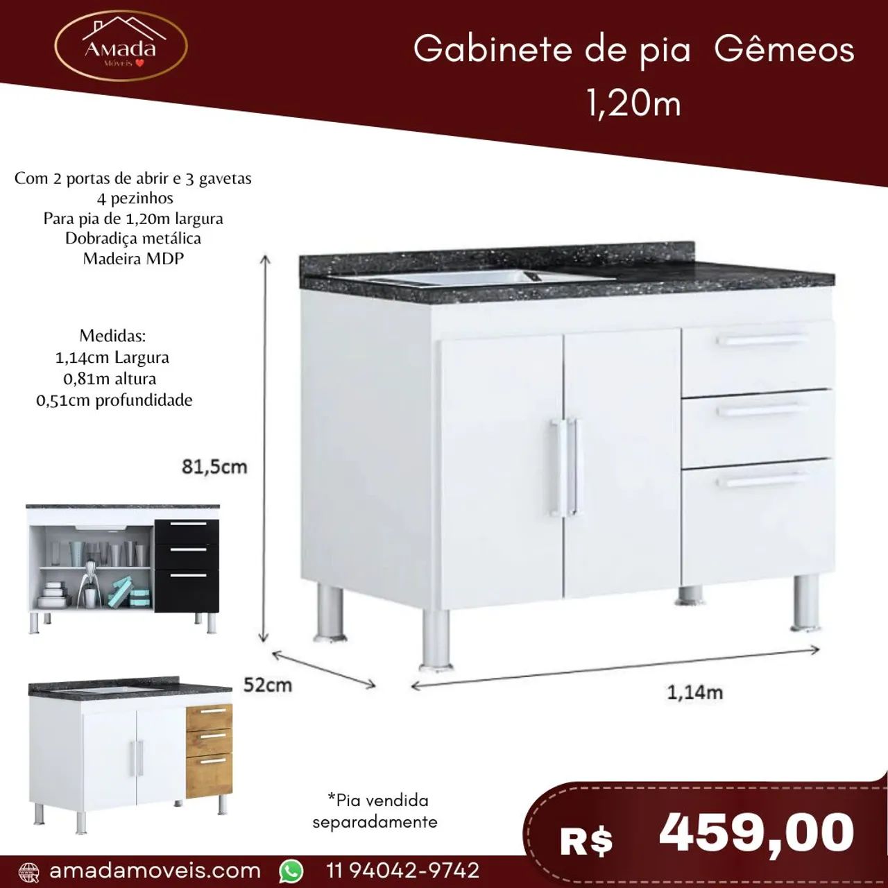 Gabinete de pia gêmeos , 3 gavetas 1,20m , à pronta entrega 
