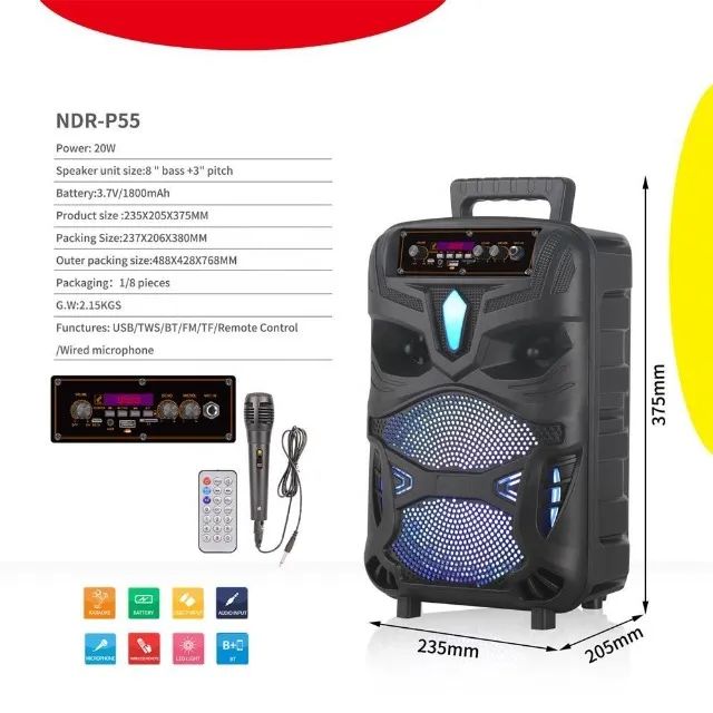 Caixa de Som Karaoke NDR-P55 com Woofer de 8 Polegadas, Controle Remoto - Foto 2