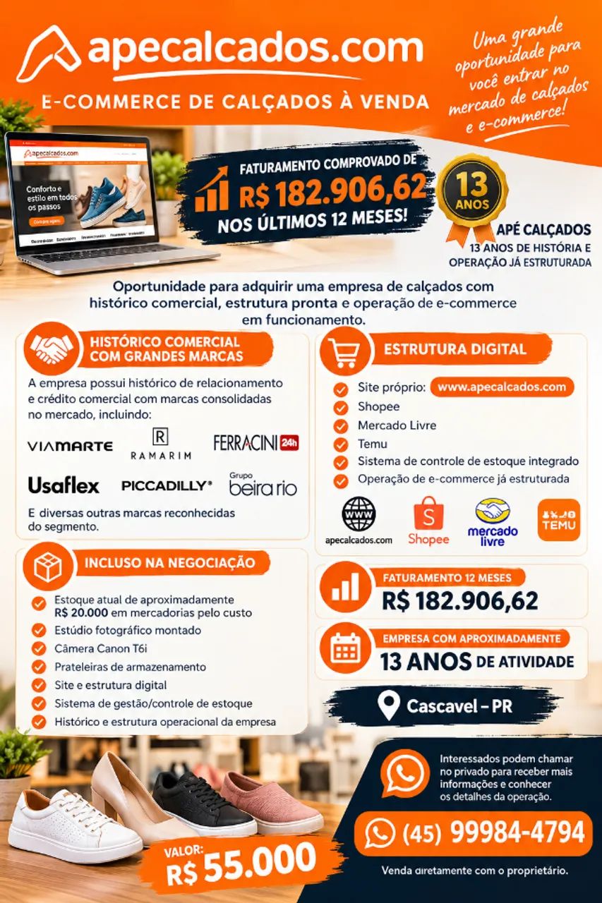? E-COMMERCE DE CALÇADOS À VENDA ? R$ 55.000