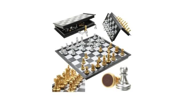 Tabuleiro de Xadrez Gold & Silver Magnético Peças Com Imã 32x32cm
