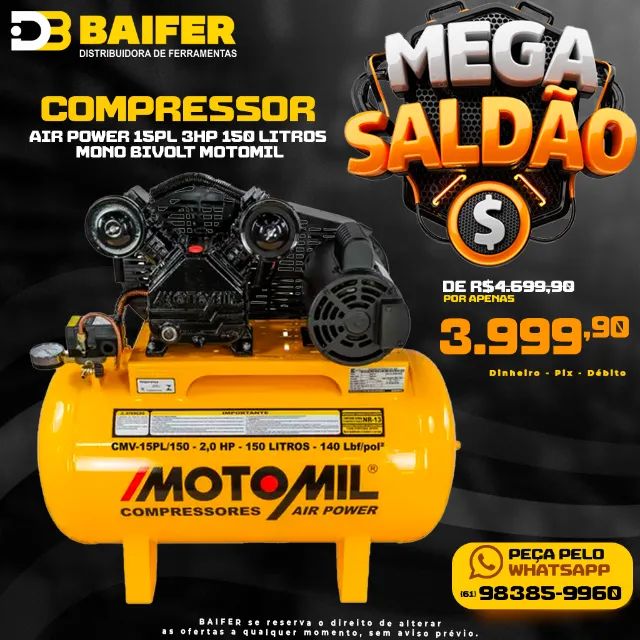 Compressor de Ar Air Power 15 Pés 3HP 150 Litros Mono Bivolt Motomil
