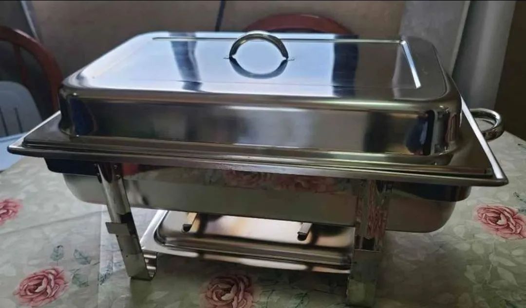 Rechaud Retangular Inox Tampa Removivel com 1 Cuba e 2 fogareiros