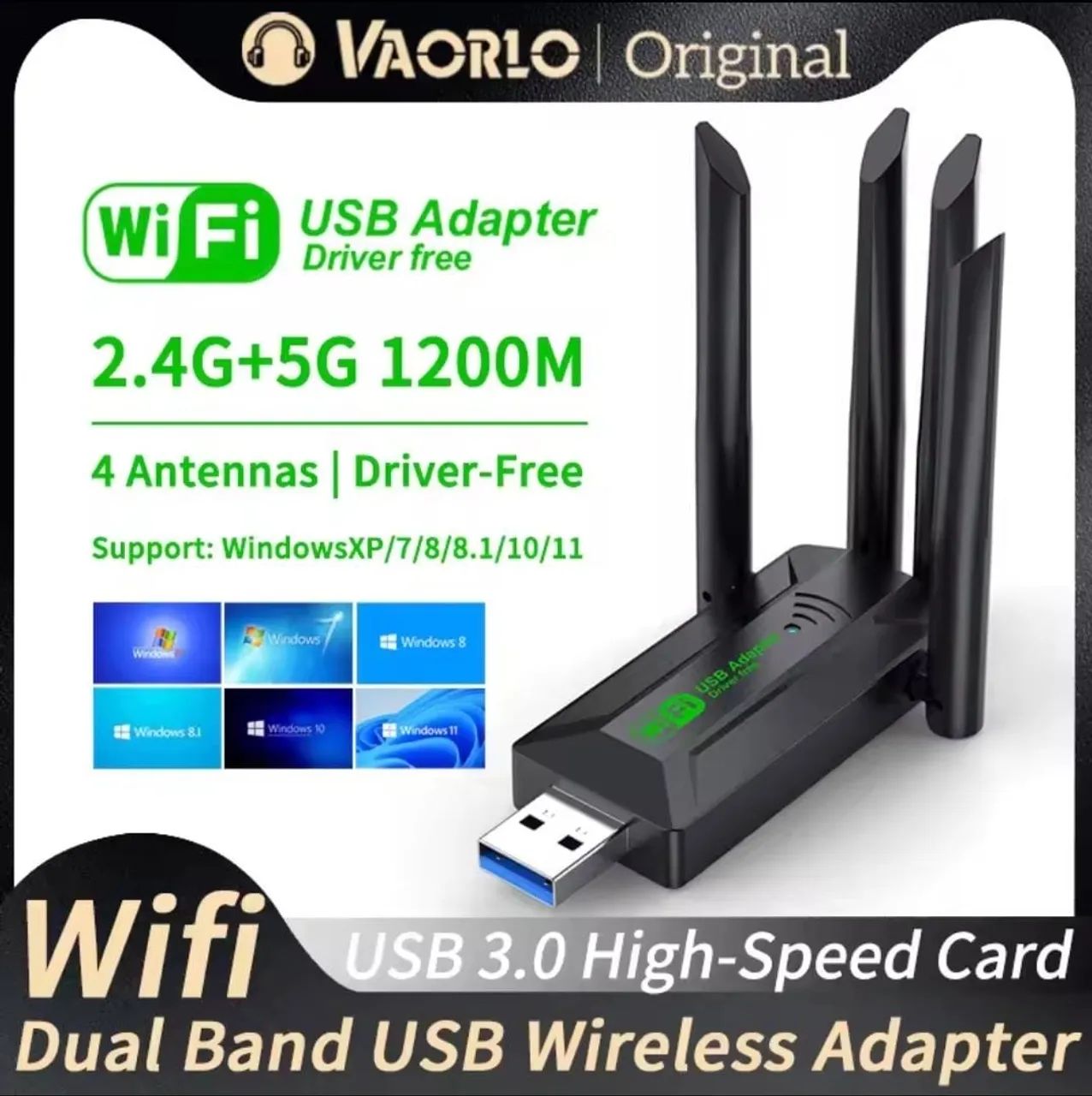 Adaptador USB 3.0 WiFi VAORLO 1200Mbps Dual Band 2.4G + 5Ghz Wi-Fi