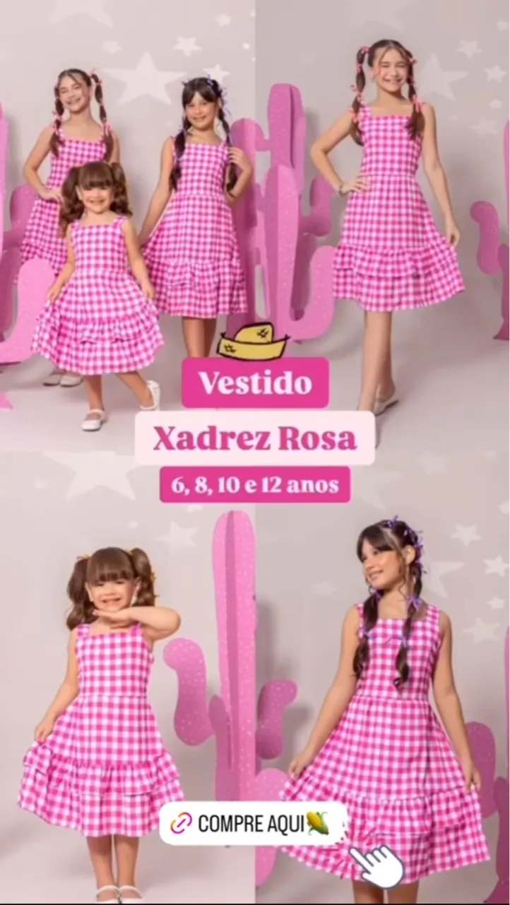 Vestido Xadrez Rosa Infantil - 6 a 12 anos