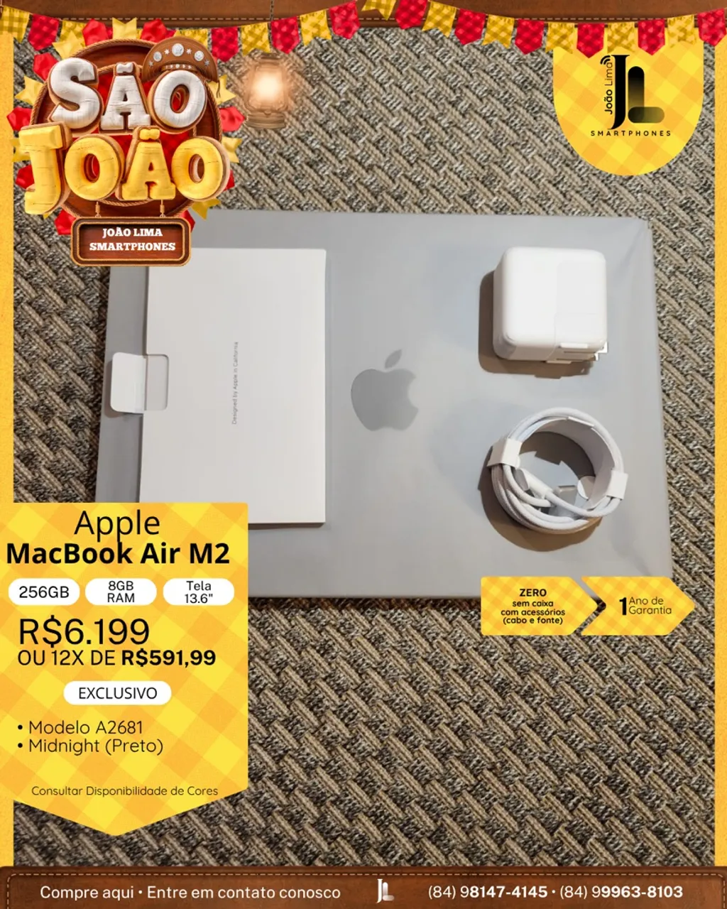 MACBOOK AIR M2, 256GB, 8GB RAM, TELA 13.6?, ZERO SEM CAIXA, EXCLUSIVO!