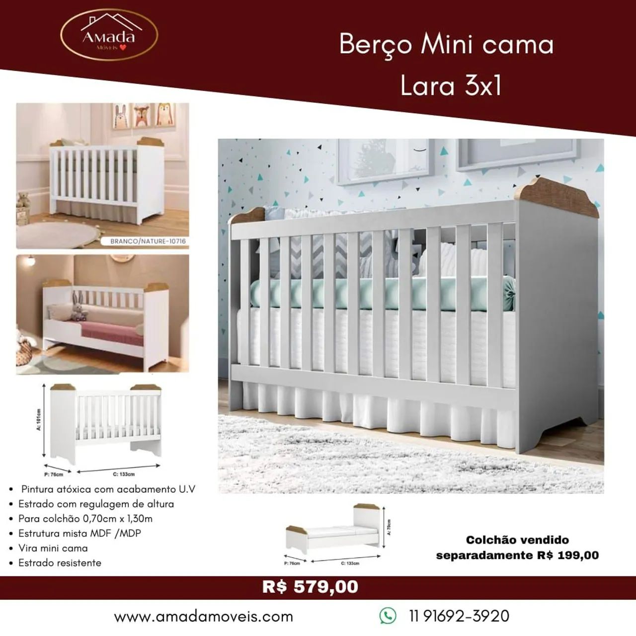Berço Mini Cama Lara 3 em 1 - Entrega em 3 dias 