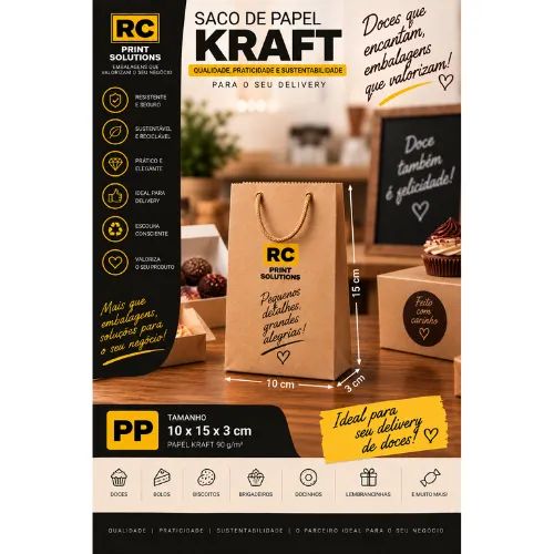 Sacola delivery/presentes com alça de cordão MINI/PP/P/M - Kraft Liso 90g - Foto 5