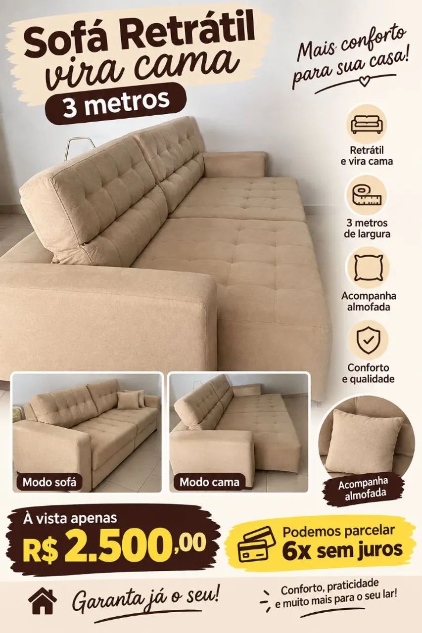 Sofá  Retrátil 3 Mts , vira cama