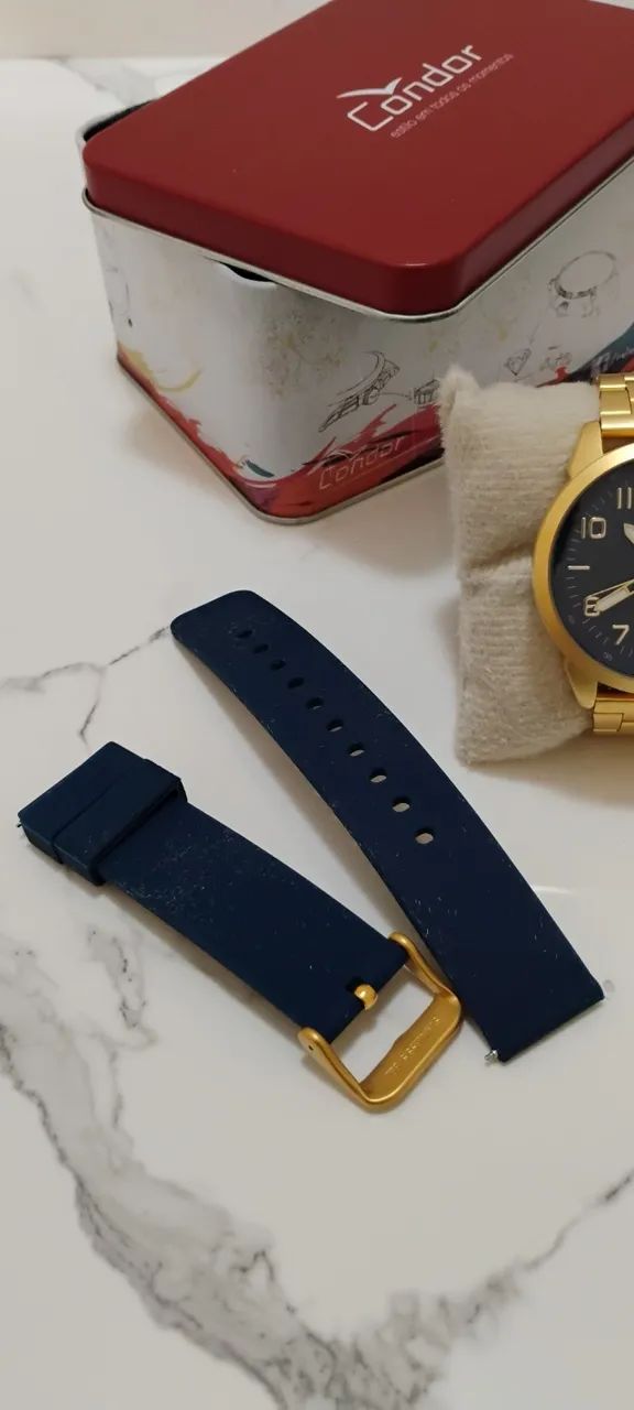 Relógio Condor (MSCOA16) Troca Pulseira Dourada e Silicone Azul 3 ATM - Foto 4