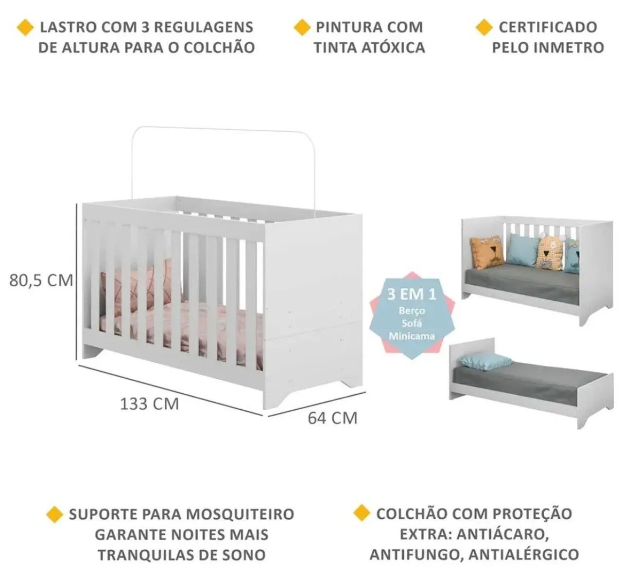 Berço 3 em 1 Americano Branco + Colchão + Mosquiteiro  - Foto 2