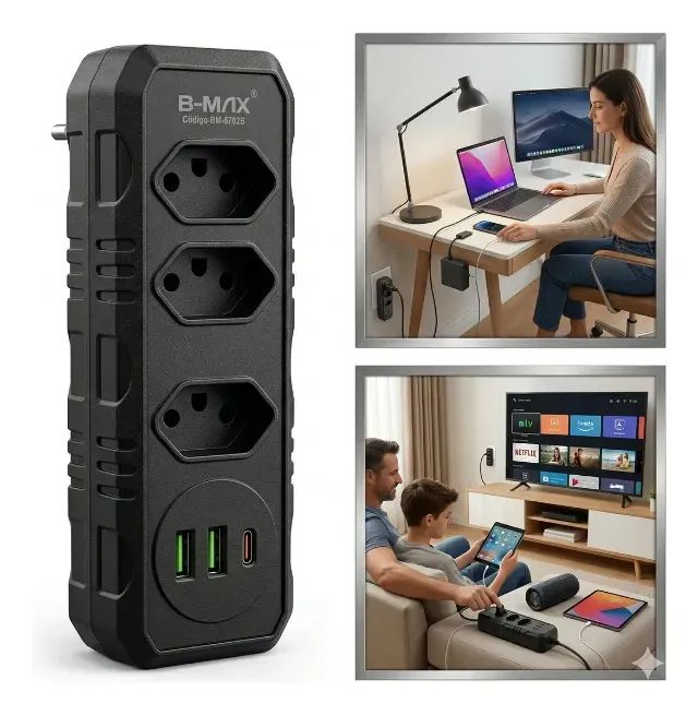  Adaptador de Tomada 3 saídas, 2 USB, 1 Tipo-C BM-8702B