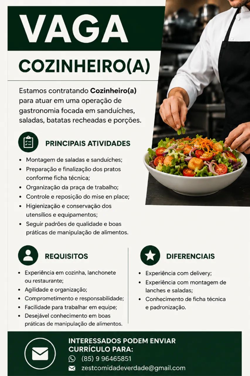 Vaga para Cozinheiro(a)/Auxiliar - Passaré