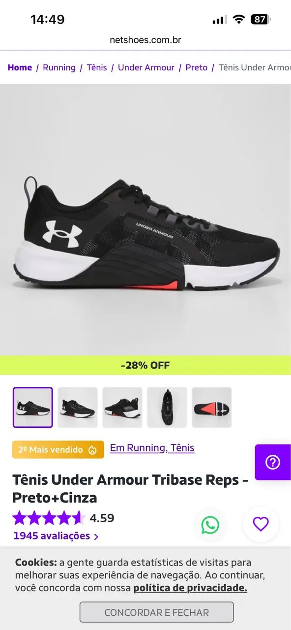 Tênis Under Armour Tribase Reps - Preto+Cinza
