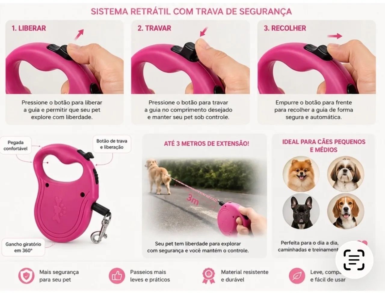 Guia retrátil 3metro para Cães e Gatos - Foto 3