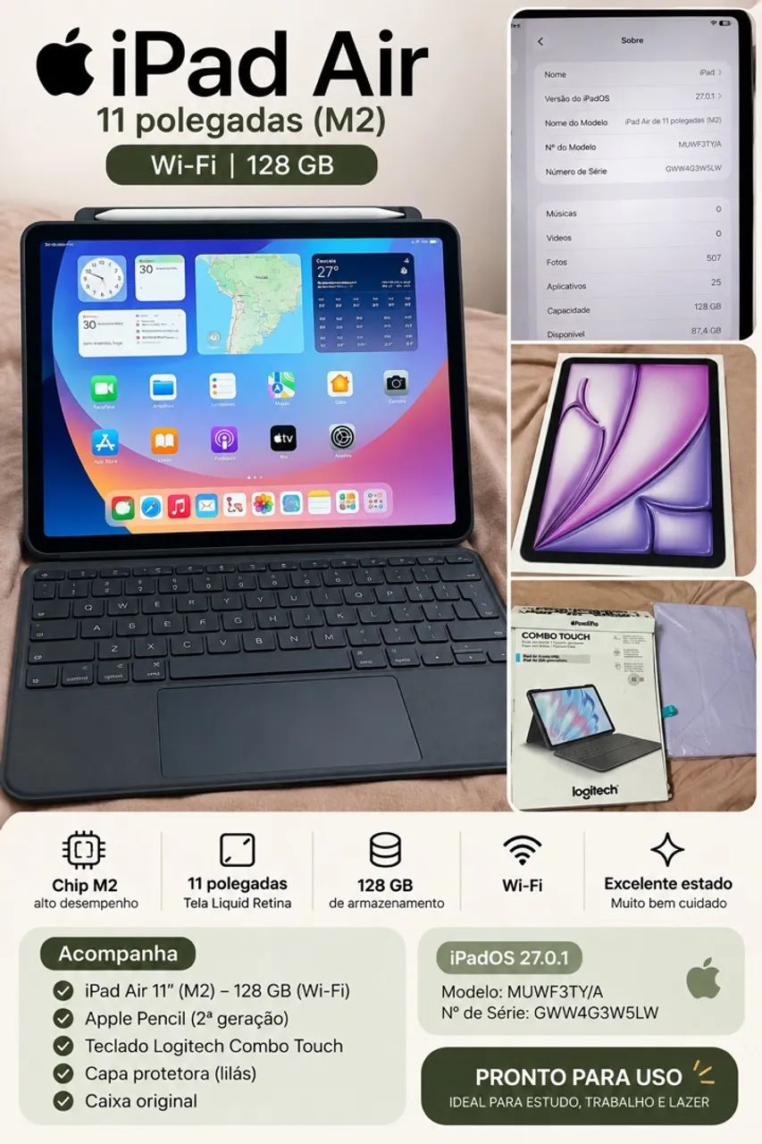 VENDO iPad Air 11? M2 ? 128 GB + ACESSÓRIOS! 