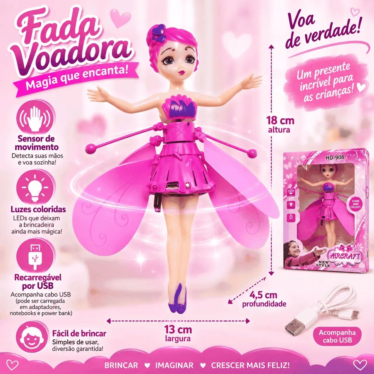 Boneca Fada Voadora Com Sensor Led Usb Brinquedo Infantil - Foto 4