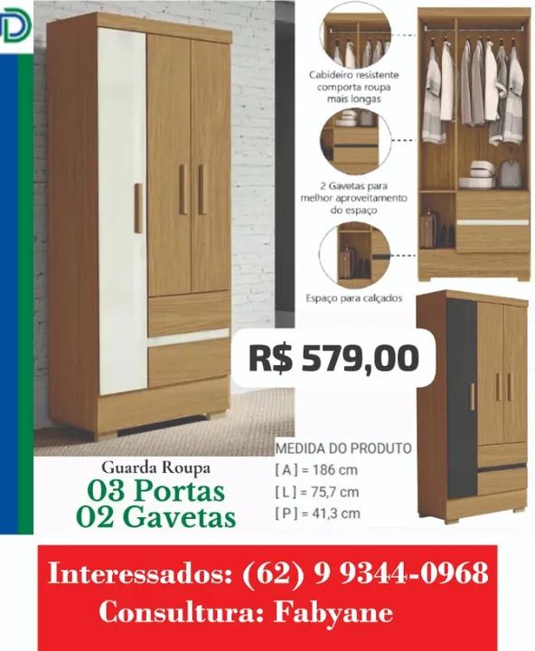 Guarda Roupa 3 portas e duas gavetas