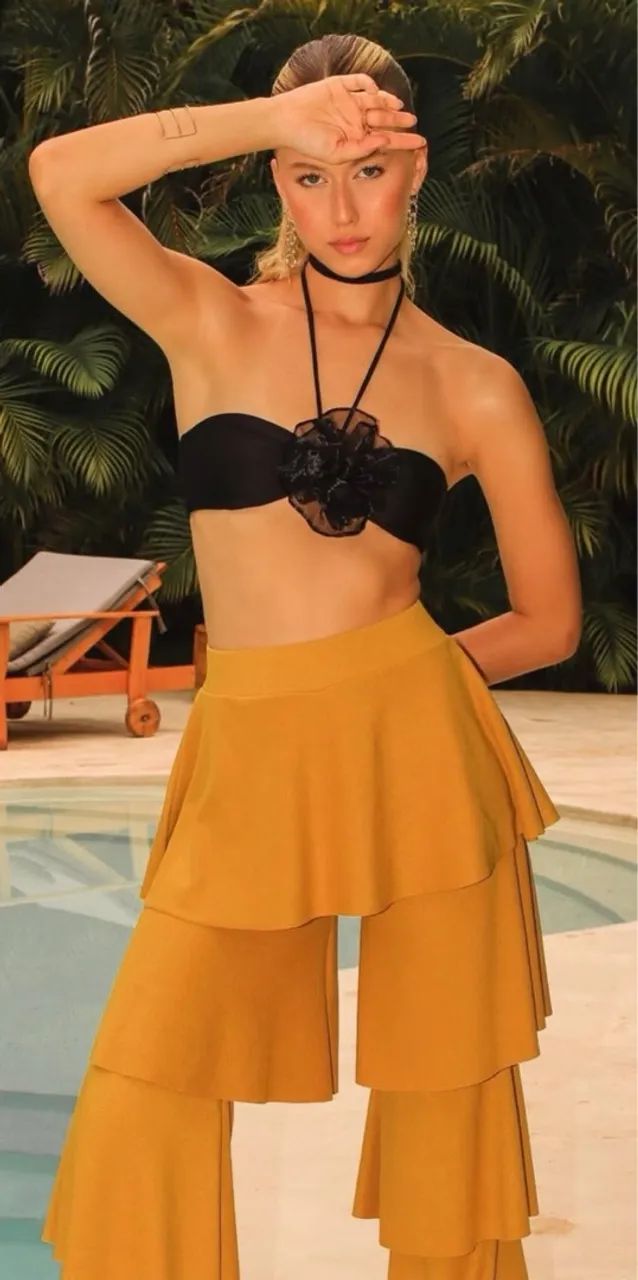 Calça pantalona estilo boho com babados da marca salt, nova tamanho M  - Foto 4