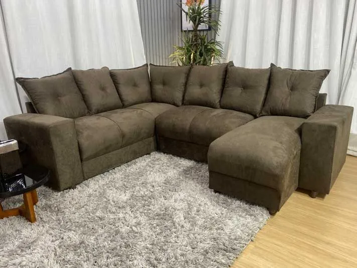 Sofá de Canto 6 Lugares Suede Marrom | FRETE GRÁTIS