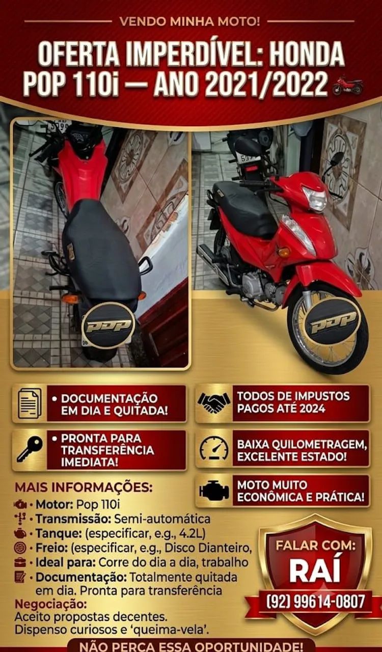 VENDO HONDA POP 110i ? ANO 2021/2022 ?