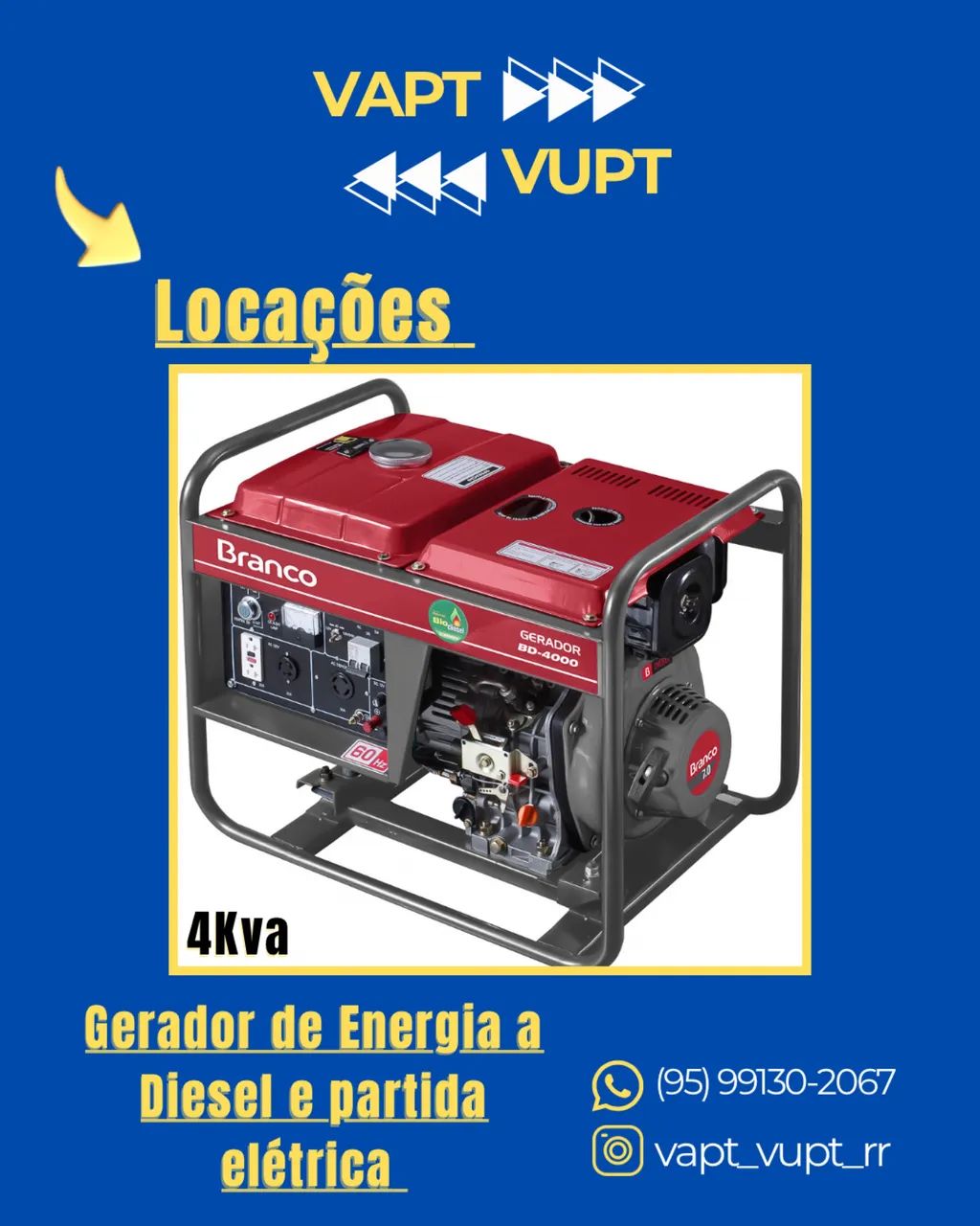 Locação de gerador de energia Branco a diesel 4Kva
