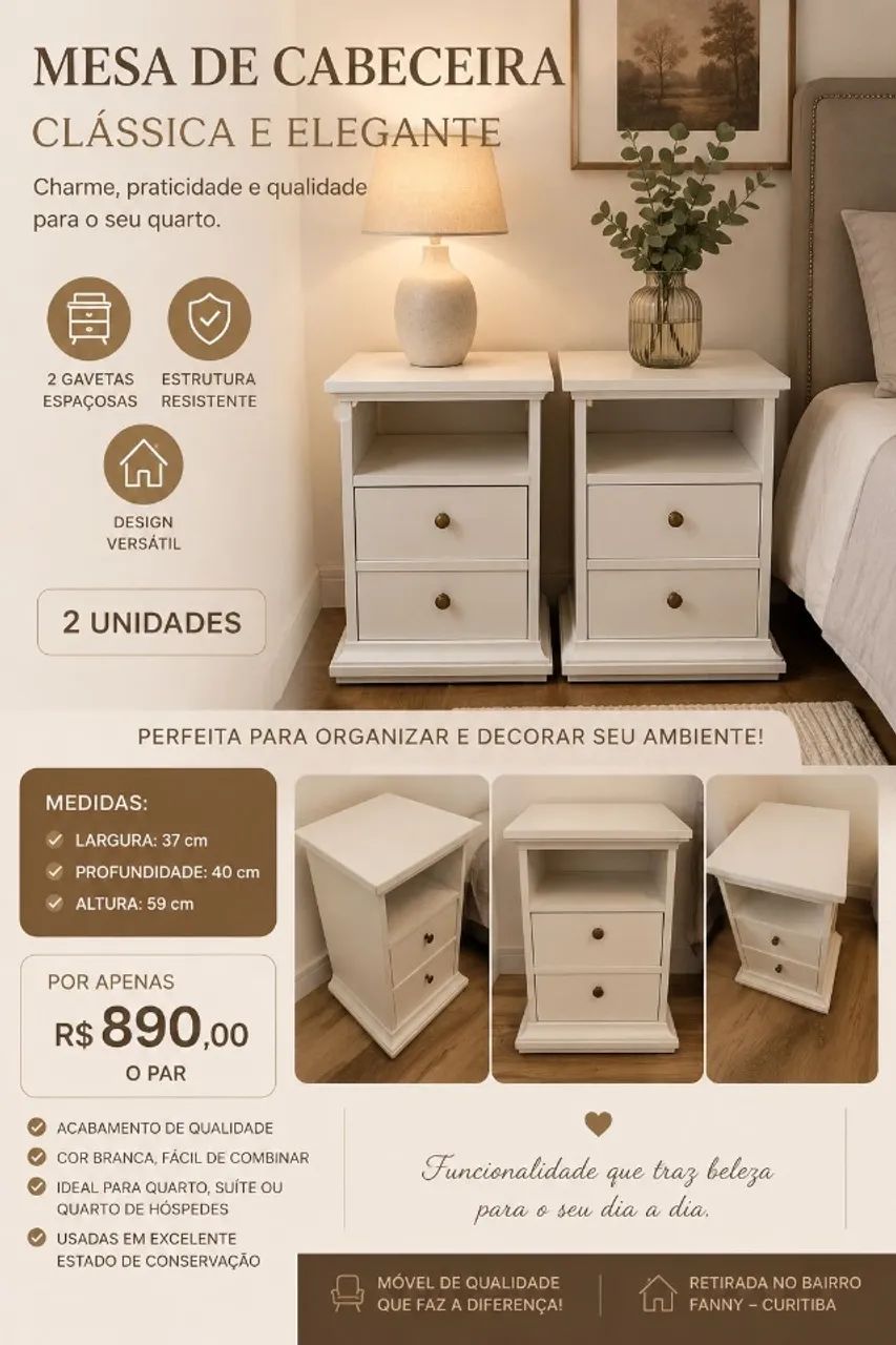  PAR DE MESAS DE CABECEIRA - DESIGN CLÁSSICO E ELEGANTE 