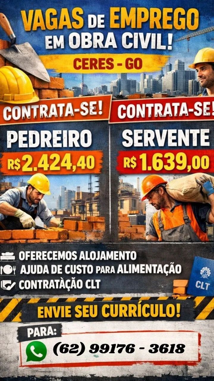 CONTRATA-SE PEDREIRO E SERVENTE.