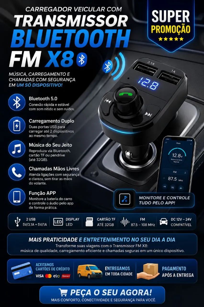 CARREGADOR VEICULAR COM TRANSMISSOR BLUETOOTH FM