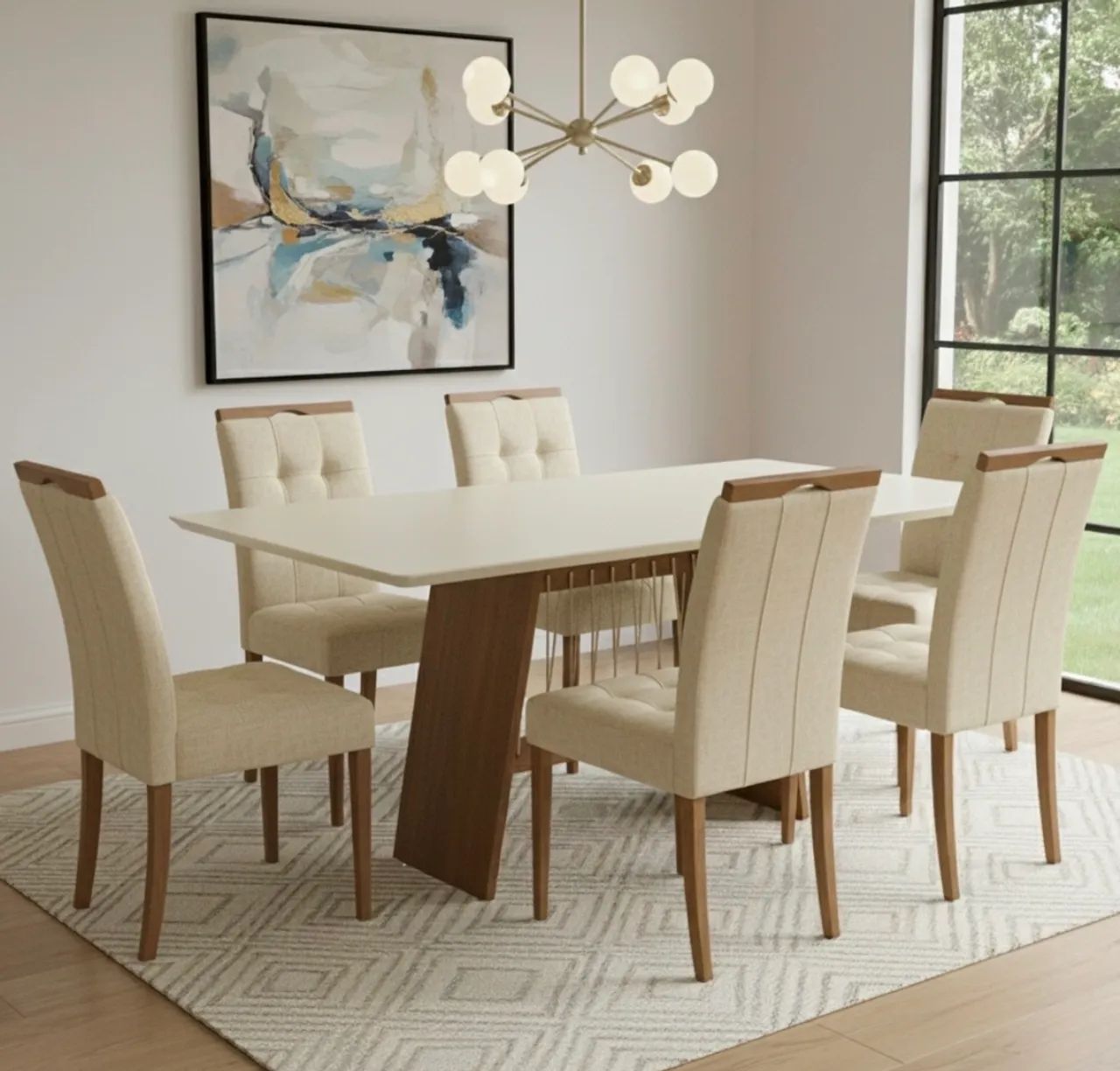 Conjunto Mesa Aurora 160 Canela Off White com 6 Cadeiras Linho Bege