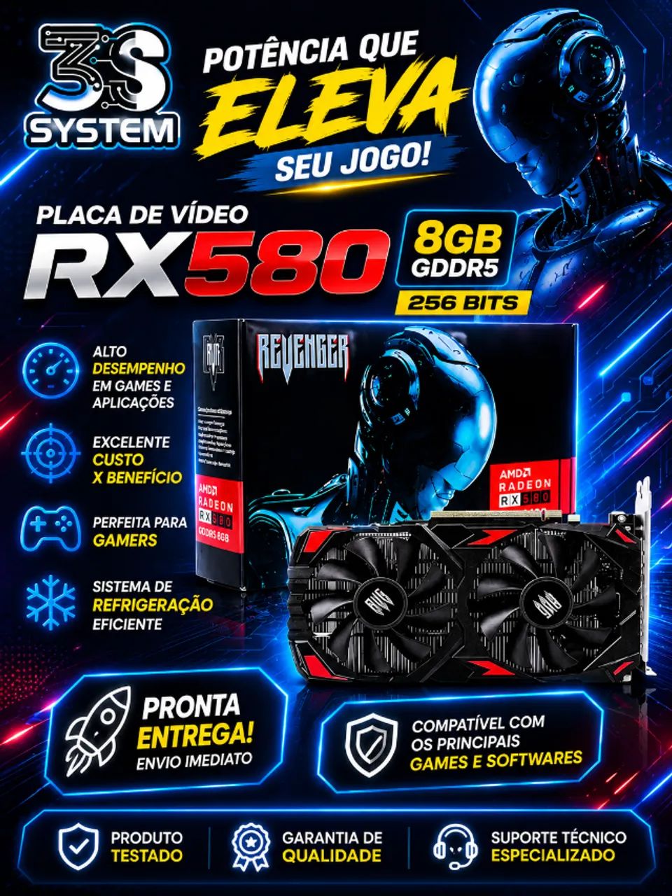 PLACA DE VIDEO RX580 8GB DDR5 256BITS