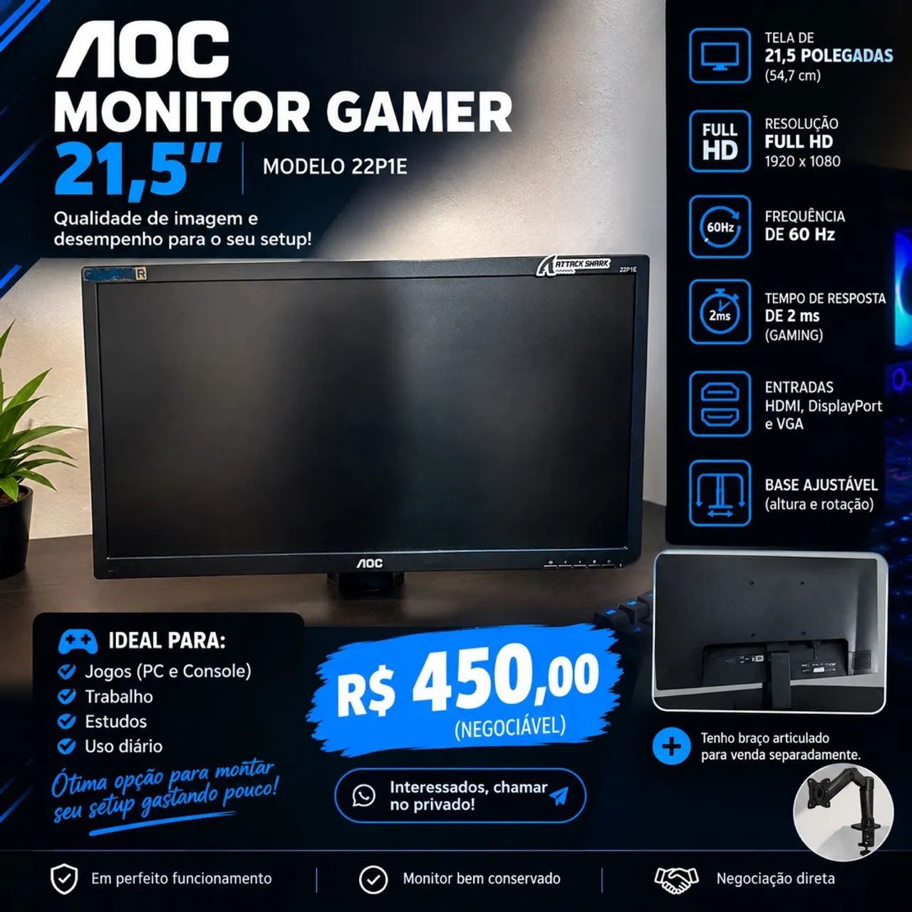 Vendo monitor aoc 21,5 polegadas modelo 22E1P 60hz - Foto 2