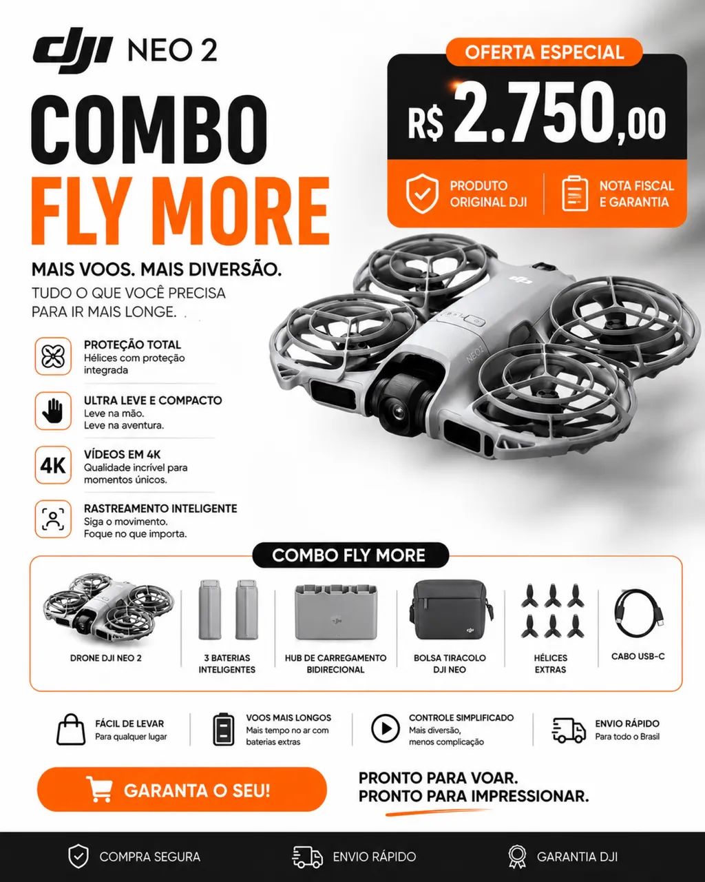 Drone DJI Neo 2 Combo Fly More (sem controle)