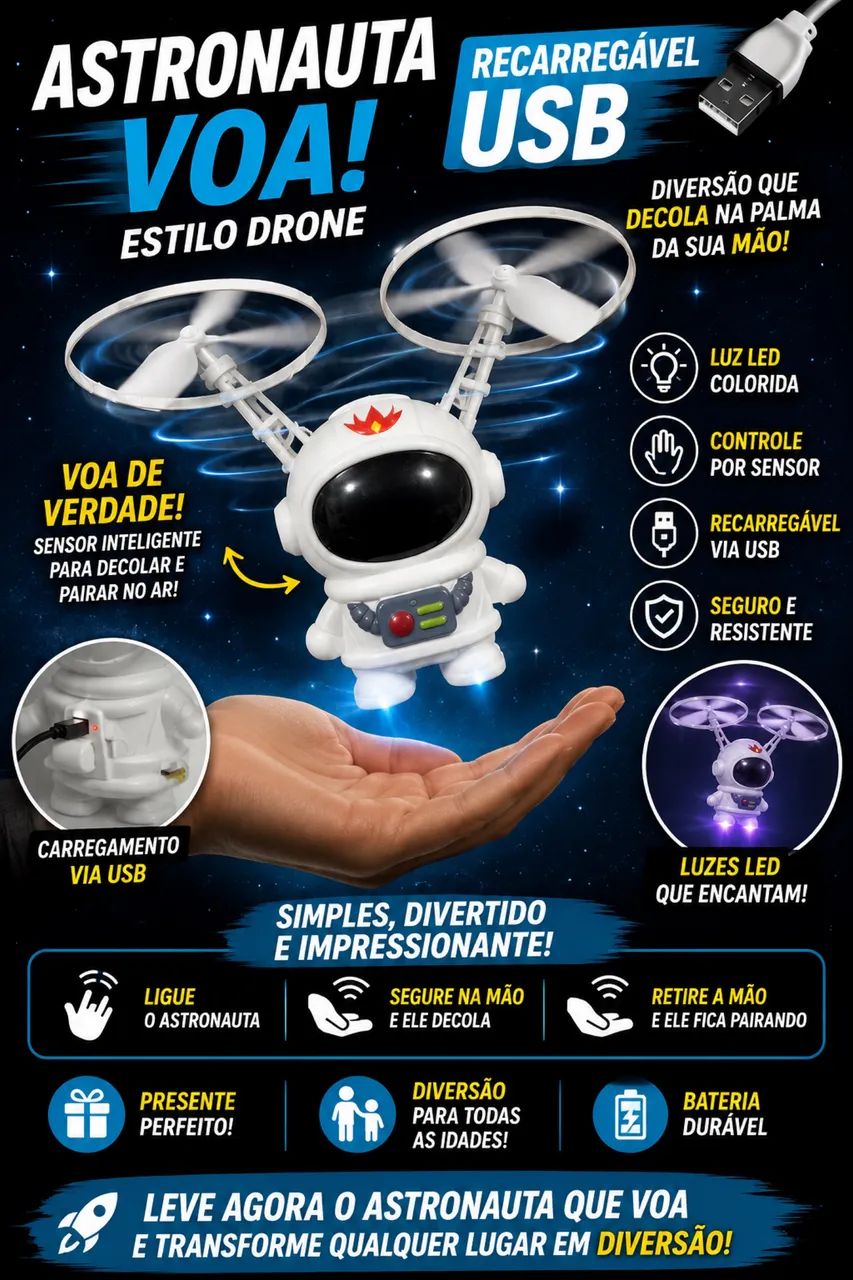 ? Astronauta Voador Recarregável USB - Drone com Sensor de Mão! ?