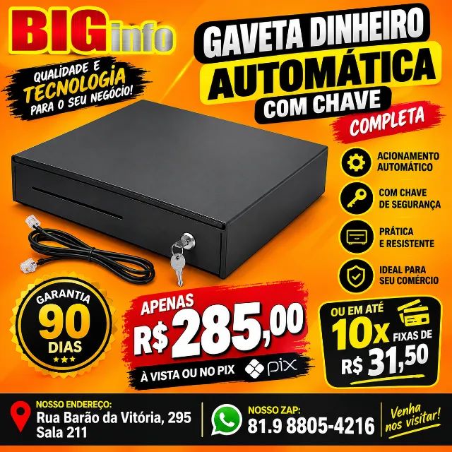 Gaveta de Dinheiro Reforçada com Abertura Automática e Manual - Em ate 10x Fixas