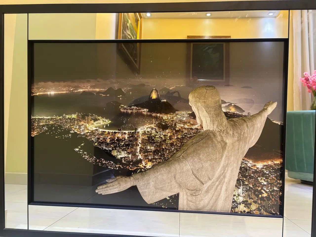 Quadro Decorativo Cristo Redentor com Vista Noturna e espelho