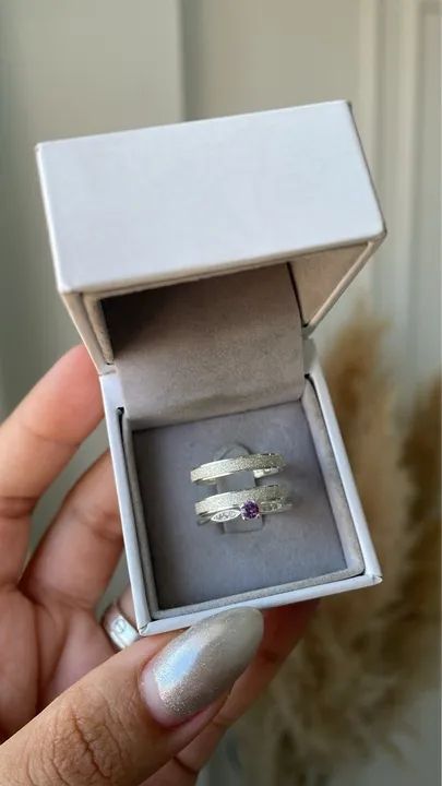 Par de Aliança com Anel solitário Lilac na Prata 950
