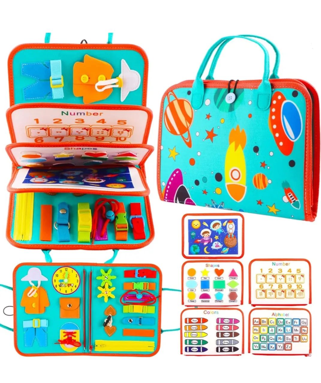 MALETA LIVRO MONTESSORI INTERATIVO BRINCAR E APRENDER 8 PÁGINAS