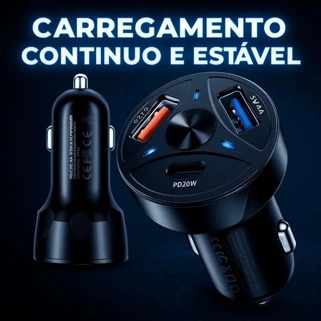 Carregador Veicular Turbo 2 Usb e 1 Tipo-C 55w Recarga Rápida Isqueiro - Foto 3