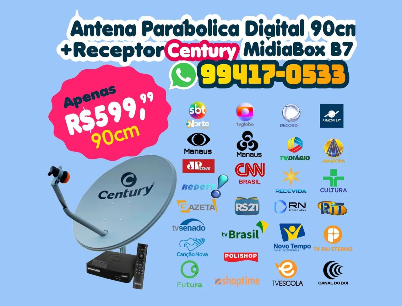Antena Parabólica Digital 90cm Receptor Century B7