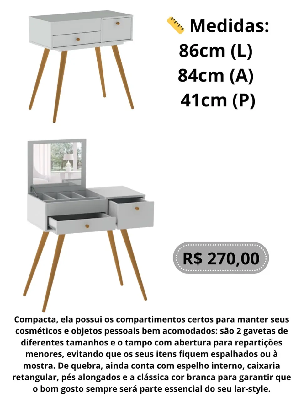 Penteadeira Compacta com Espelho e Gavetas - Lar Style